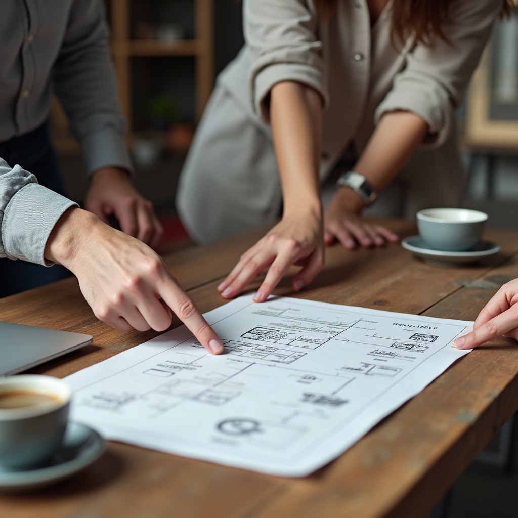Close up of hands pointing at a printed data flow diagram on a table during an architecture review