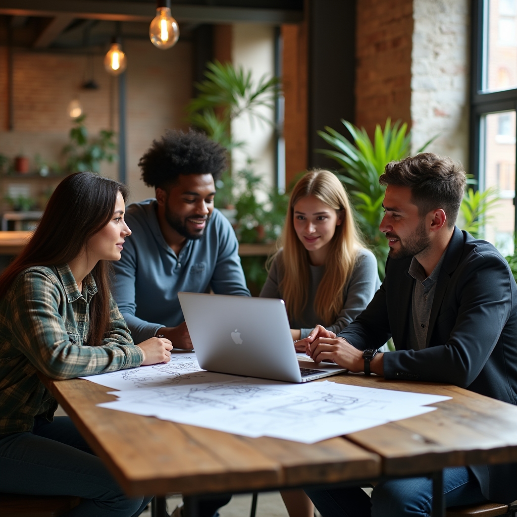 Small fintech engineering team gathered around a laptop in an industrial loft office reviewing system architecture