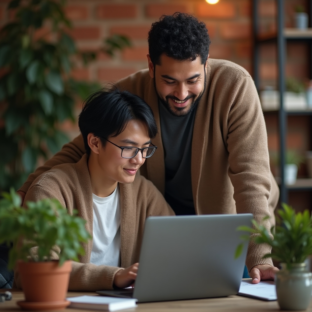 A senior engineer mentoring a junior colleague at a desk, both looking at a laptop screen showing code