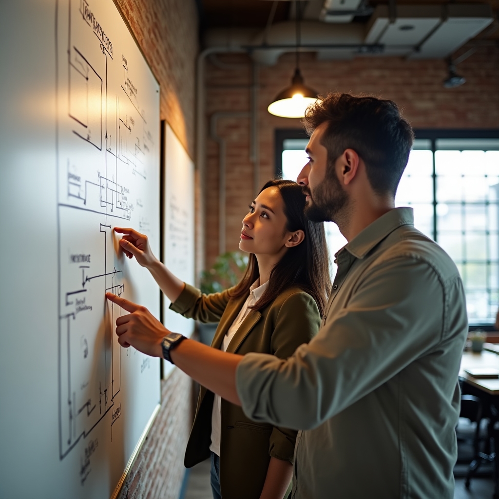 Two engineers discussing a system architecture diagram drawn on a whiteboard in a loft office